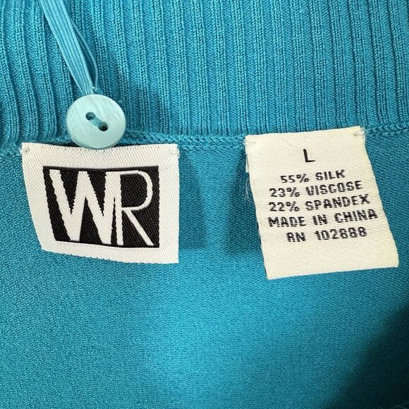 VTG WR Cardigan L 90s Y2K Silk Blend Fur Trim Sweater Turquoise Diamanté Zip-Up - Picture 5 of 9